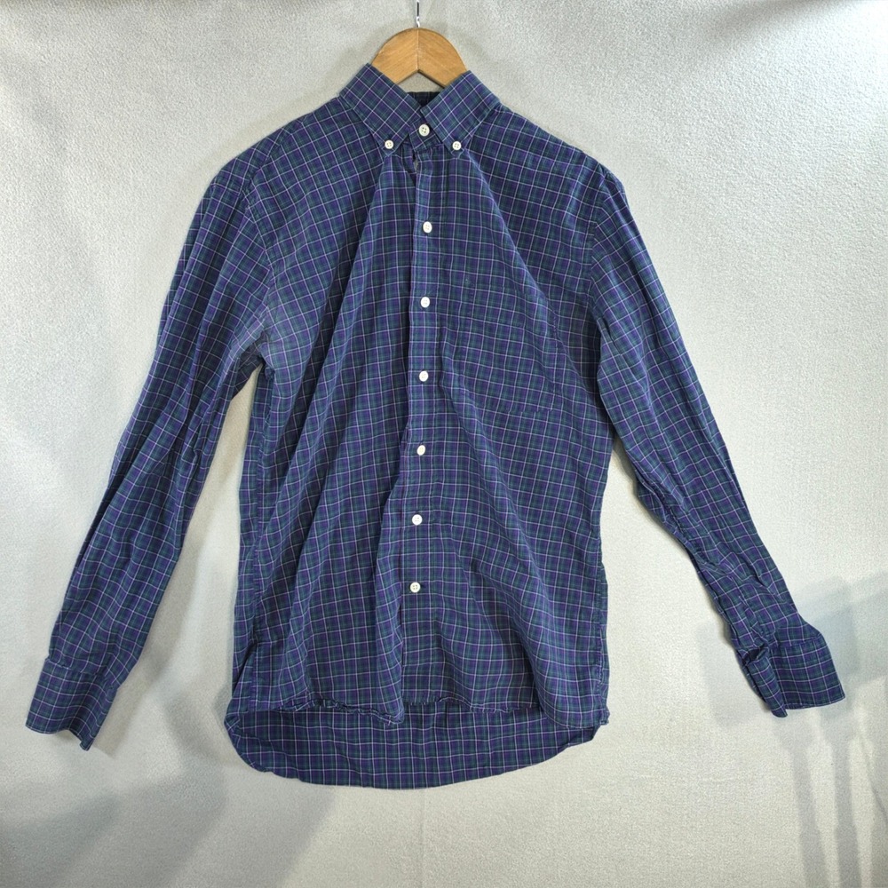 Ledbury Shirt Mens 15.5 39cm Navy Green Plaid Cotton Button Down Made in Poland